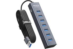 ABFCRTTW 7 Puertos Hub USB 3.0 con 180cm Cable para PC Computadora, Aluminio USB Hub Adaptador multipuerto con USB 3.0 5Gbps, 5V 3A USB-C Alimentado para PC, Laptop, MacBook, Mouse, U-Disk, Teclado