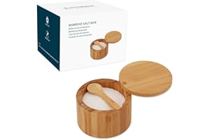 KITCHENDAO Bamboo Salt Box with Built-in Spoon to Prevent Dust, Elegant Seasoning Box, Kitchen Salt Pepper Spice Cellars Storage Container with Swivel Magnetic Lid - 6oz