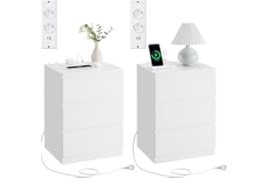 VASAGLE KAILYN Colección - Mesita de Noche con Estación de Carga, Juego de 2, Mesa Auxiliar con 3 Cajones, 2 Tomas AC, 2 Puertos USB, Salón, Dormitorio, Estudio, Blanco Nube LET831W14