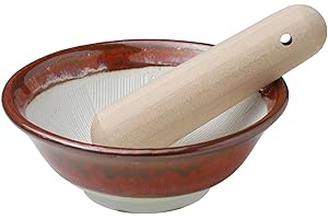 Asayu Japan Ensemble Mortier en Céramique de 109mm avec Pilon en Bois, Fabriqué au Japon - Moudre les Épices et les Herbes, Ensemble Suribachi et Surikogi à Rainures Ondulées