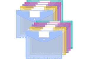 Unaikoo Plastic Wallets-A4 Punched Pockets-A4-12 Pack Document Wallets A4 Folders - A4 Plastic Popper Wallets - Envelope Wallets with Button and Label Pocket for Home/Office/School
