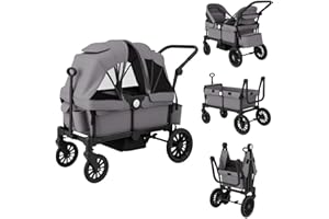 COSTWAY Poussette Tandem Double Pliable avec Auvent Amovible & Poignée Réglable, Chariot Enfant Transport avec Sac & Plateau-repas & Roue à Freins, Charge 25 kg Chacun pour 2 Bébés de 6 Mois+ (Gris)