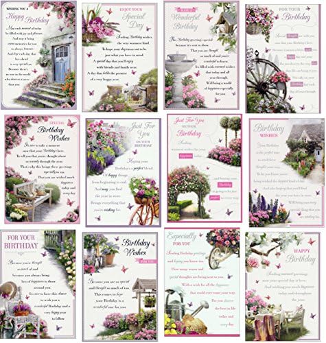 Pack of 12 Genteel Traditional Style Birthday Greeting Cards &amp; Envelopes