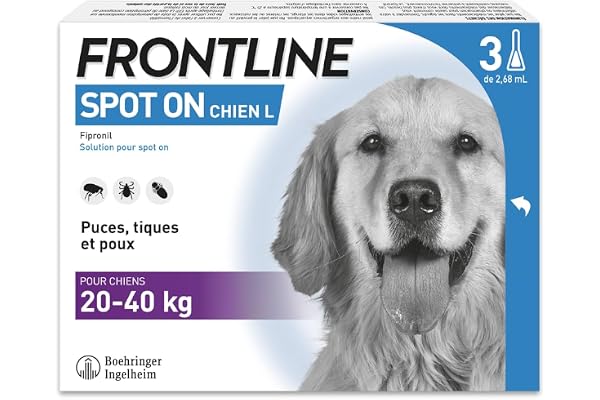 Frontline Spot on Chien - Anti Puces, Anti-Tiques et Poux - Élimine Puces Pendant 8 Semaines-Tiques Pendant 4 Semaines - pour Chien 20 à 40 kg - Fabriqué en France - 3 Pipettes
