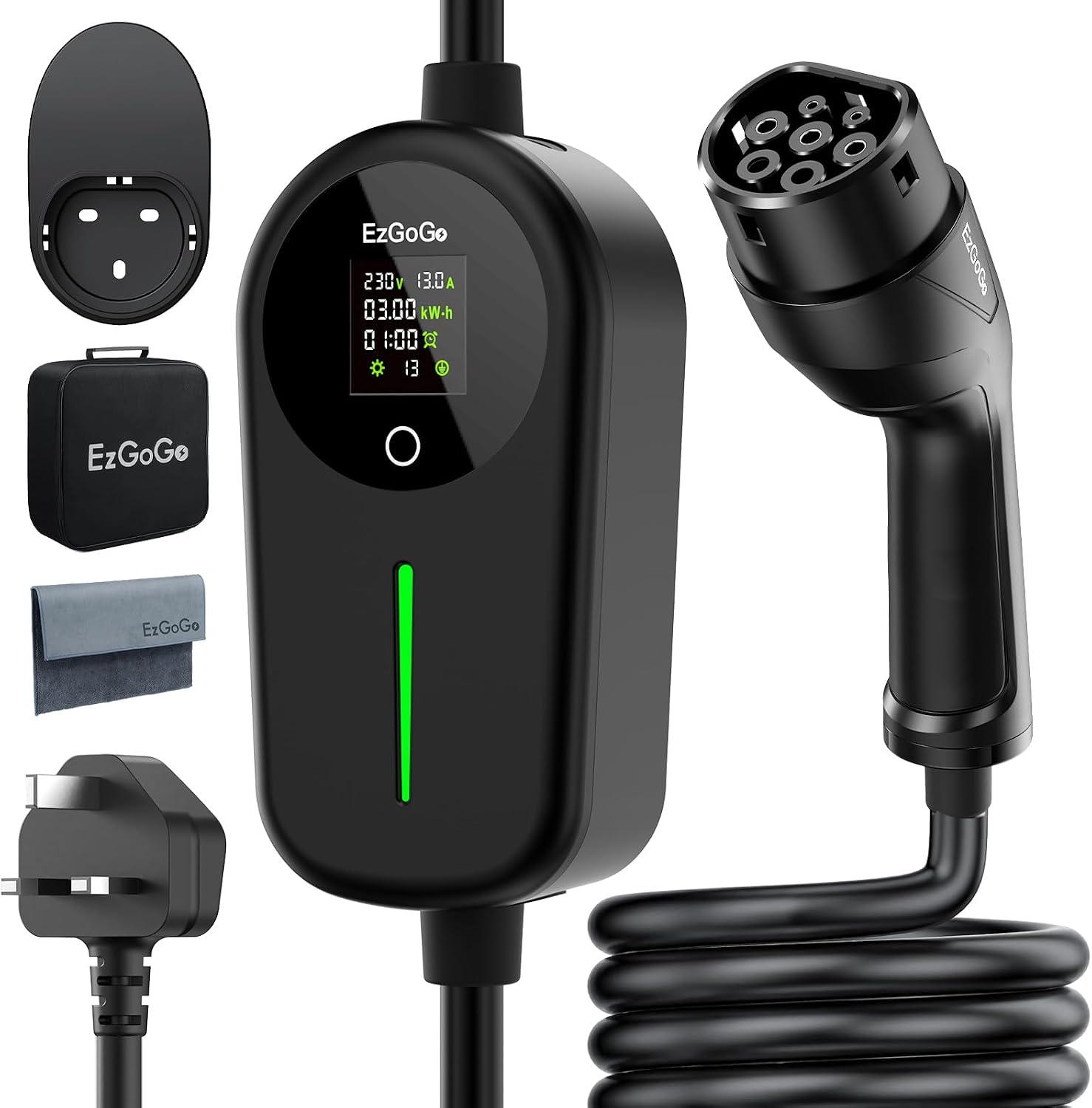EzGoGo EV Charger 3 Pin Plug 32.81Ft/10M Type 2 Charging Cable 3kW, [6/8/10/13A] Electric Car Charger IP65 Advanced Protection car charging cable Suitable for EVs & PHEVs