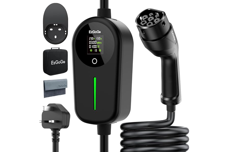 EzGoGo EV Charger 3 Pin Plug 32.81Ft/10M Type 2 Charging Cable 3kW, [6/8/10/13A] Electric Car Charger IP65 Advanced Protection car charging cable Suitable for EVs & PHEVs