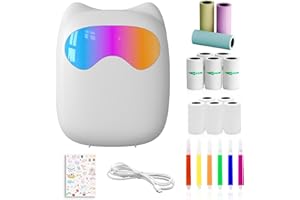 echden Mini Thermal Printer with 13 Rolls Paper +6 Colored Pens, Bluetooth Portable Sticker Printers, Wireless Mini Inkless Printer for Phone, Pocket Printer Compatible Android/iOS (white)