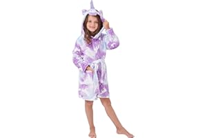 YLLSOPHAN Girls Hooded Unicorn Bathrobe Robe Dressing Gown Nightwear Fleece Attached Belt Knee High Length