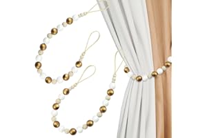 Poeland 2 Pieces Wood Bead Curtain Tiebacks, Boho Curtain Holder with Hooks, Curtain Tie Backs for Bedroom, Nursery, Dining Decoration (Gold & White)