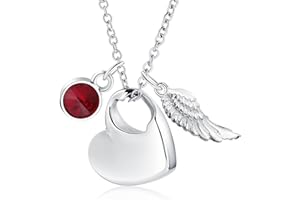 KnSam Edelstahl Urne Anhänger Halskette mit Geburtsstein Kristallanhänger Engel Flügel Asche Anhänger Herz Memorial Kette Silber