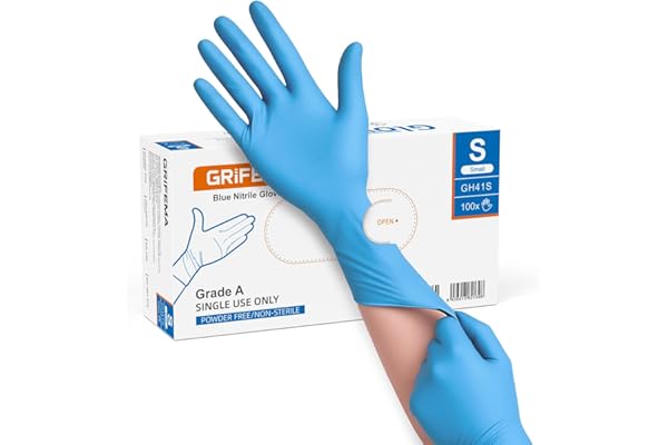 GRIFEMA Guantes de Nitrilo Azules S, Desechables resistentes, sin polvo y sin látex, Para laboratorio, alimentos, limpieza, Caja de 100