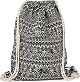 styleBREAKER Turnbeutel Rucksack im Boho Style mit Ethno Rauten Muster, Sportbeutel, Unisex 02012090, Farbe:Schwarz-Grau-Weiß