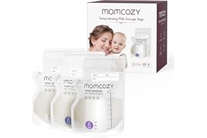 Momcozy Sachets de Congélation Lait Maternel à Versement Facile, 250 ml, Indicateur de Température, 120 Unités, Auto-Stable, Allaitement Sans Fuite, Pré-stérilisé pour Congélateur, Recyclable Sans BPA