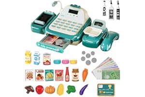 KBIBCK Toy Till Cash Register, 52PCS Pretend Play Cash Register Toy with Scanner, Calculator, Credit Card, Conveyor, Play Money & Food, Mini Kids Shop Play Till for Boy Girl Learning Toys Gifts (Blue)
