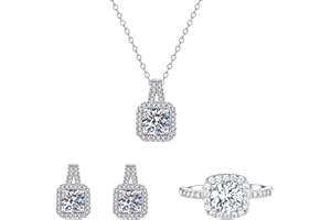 Auriselle conjuntos joyas circonita mujer, conjunto joyas 3 piezas, collar colgante cuadrado, anillo pendientes, brillante, collares y anillos ajustables, mujer y niña, plateado/dorado