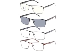OENEYE Gafas de Lectura Hombre 4Pares Gafas de Lectura Y Gafas de Sol Anti-rayos Azules Gafas Presbicia Ultraligeros Portátiles Bisagra de Muelle de Acero Inoxidable de Estilo Marco Rectangular