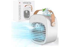 CONBLOM Tragbarer Luftkühler, Mini Persönliche Klimaanlage, 2 in 1 Kleine Verdunstungskühler mit Griff/Luftbefeuchter/3 Geschwindigkeiten Desktop Eiswürfel Kühlventilator für Büro und Schlafzimmer
