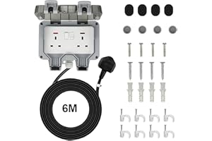 Bkiyougo Double Socket, outdoor sockets waterproof IP66 with 6M Extension Lead, Weatherproof Outdoor Plug Sockets, Exterior Wall Garden, 2 Gang Storm Switched Socket Outside Power Socket