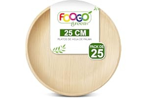 FOOGO Green 25 Platos Desechables de Hoja de Palma, 25 cm, Redondos Grandes, Biodegradables, Compostables, Como Platos de Madera, Bambú, Papel, para Comida Caliente, Bodas, Picnics, Fiestas