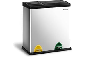 EVRE Recycling Bin, Rectangular 2 Compartment Section 36L Waste Seperation Sortation System with Non Slip Base, Odour Seal, Removable Inner Compartments and Colour Coded (Silver)