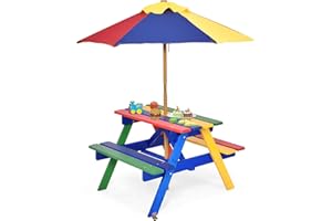 SOARS Mesa de Picnic para Niños con 2 Bancos de Madera Maciza, Conjunto de Asientos Infantiles con Sombrilla, Mesa y Banco de Jardín, Conjunto de Muebles Infantiles para Jardín, Patio
