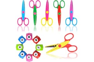 ‎KOOGEL Koogel Kinder Bastelscheren Set, 6 Stk. Kinder Zickzackschere 8 Stk. Papierstanzer mit verschiedenen Schnittmustern Bunte Kinderschere für Stempel Kreatives Basteln Deko DIY Fotogestaltung