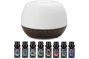 GMSYSW Diffusore di Oli Essenziali 500ml, Diffusore di Aromi Umidificatore da con Set di 8 Oli Essenziali Puri, 7 Colori LED e 4 Timer, Aromaterapia Diffusori per Casa
