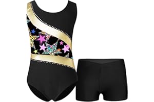 Oyolan Enfant Fille Justaucorps Gymnastique Strass Imprimé avec Short Gym Danse Patinage Entraînement Performance Costume Spectacle 5-16 Ans