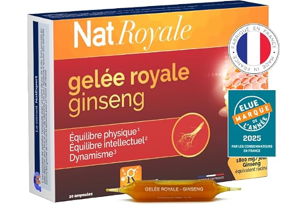 NaturAvignon Ampoule Gelée Royale Ginseng | complement alimentaire Vitalité, Immunité, defense immunitaire adulte | Gelée Royale 1000mg, Ginseng rouge de corée 1800mg, Vitamines B3 B6 | 20 ampoules