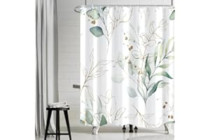 Uiiooazy Cortina de Ducha de Hoja Eucalipto, Cortinas de Ducha Verde Oro Abstracto Planta Cortinas de Baño Antimoho Impermeable Lavable Tejido de Poliéster Cortina Ducha con 12 Ganchos 200Wx180Lcm