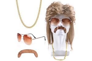MRRACXY Vokuhila Perücke Herren,4 Stück Vokuhila Perücke Set,80er Perücke Herren,Synthetische Perücke,Perücken Wig Sonnenbrille Halskette,Outfit Accessoires Herren,Männer Perücke Cosplay Kostüm Party
