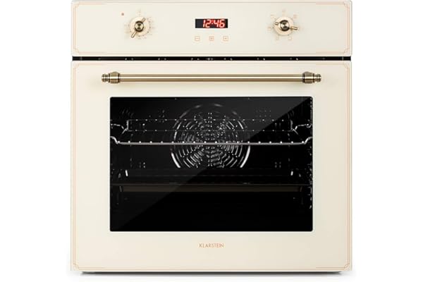KLARSTEIN Elizabeth - Four électrique encastrable, style rétro, 70L, CEE A, indépendant, convection/chaleur voûte/sole/gril, 2200W, 50-250 °C, bouton rotatif et poignée aspect laiton - crème