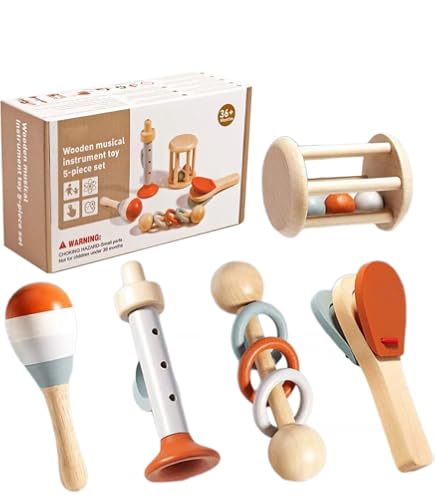 Hochets En Bois Montessori - 5 Instruments De Musique Pour Bébé - Maracas, Clochette, Tambour