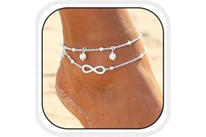 Zoestar - Tobillera doble, de plata, con perlas, estilo bohemio, pulsera para el tobillo, cadena con cuentas, para pie, joyería, para mujeres y niñas