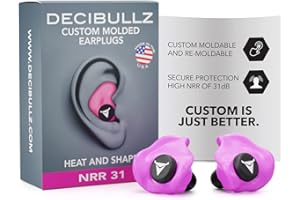 Decibullz - Custom Molded Earplugs, 31dB Highest NRR, Comfortable Hearing Protection for Shooting, Travel, Swimming, Work and Concerts (Pink PLG1)