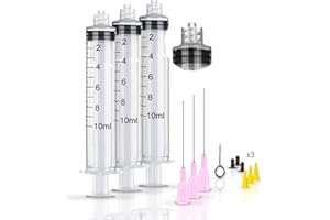 CABLE TECHNOLOGIES Siringa in plastica 10ml punta Luer Lock, confezione da 3pz siringhe di plastica, Ago 7 cm, per Laboratori Scientifici, Ricarica Inchiostro Cartucce stampante, per Animali Domestici, giardinaggio, ecc