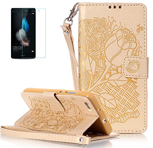 Preisvergleich Produktbild Huawei P8 Lite / Huawei ALE-L21(2015) Neu Design Hülle mit Panzerglas,ISENPENK Original Flip Bookstyle Cover Wasserdicht Shockproof Anti Slip Protection Stoßfest Leather Case mit Standfunktion,3D Rose Muster Pattern Wallet Case mit Intern Karte Schlitz,Anti-Sturz Stoßdämpfend Magnetic Closure Handygürtel Wallet Tasche Schutzhülle Leathertasche für Huawei P8 Lite / Huawei ALE-L21(2015) 5.0Zoll-[Rose pattern,gold]+Panzerglas / Schutzfoile / Displayschutzfolie