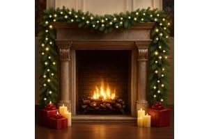 JOYCUSHY 16.4ft/5M Christmas Garland Decoration with 100 Warm White LED Lights, Artificial Pine Green Garland for Fireplace Mantle Stairs Front Door Indoor Outdoor Christmas Holiday Decor