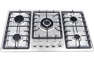 Futchoy 86 x 50 cm, piano cottura a gas a 5 zone, a 5 fuochi, accensione a batteria, integrato, in acciaio inox, funziona con NG/LPG