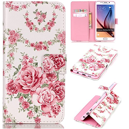Preisvergleich Produktbild CaseHome Samsung Galaxy S6 Edge Plus Hülle,Schutzhülle Tasche Leder Mit Kartenfach Magnetverschluss Standfunktion Slim-Schutzhülle Folio Schalen Fall Mit Karten- / Geldscheinfach Für Samsung Galaxy S6 Edge Plus-Rosa Rosen-Blumen