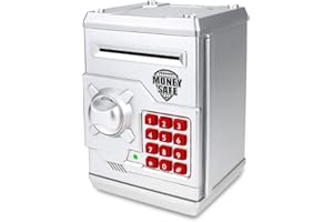 Qwifyu Toys Electronic Alarm Safe for Kids - ATM Piggy Bank for Real Money with Fun Lights & Sound Effects, Automated Bill Feeder, Coin Slot, PIN Protection & More, for Boys & Girls (Silver)