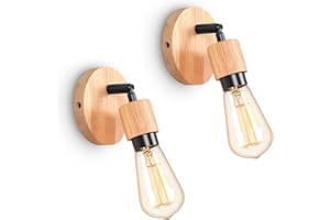 LIGKIN 2 Pezzi Lampada da Parete Vintage, E27 Applique da Parete Industriali Interno, 180° Regolabile Lampada da Comodino Applique, Metallo e Legno Lampada da Parete per Camera da Letto, Bagno(Nero)