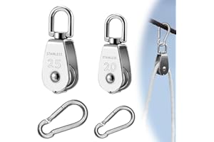 CISHOW 2 Pcs Small Crane Pulley Block Set, M20 M25 Stainless Steel Pulley Block, 304 Metal Pulley Roller, Lifting Single Pulley Loading, Lifting Crane Swivel Hook, Pulley Single Set with Carabiner