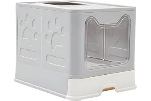 The Fellie Cat Litter Box with Drawer Pan and Scoop, Large Space Foldable Litter Tray with Lid, Hooded Cat Litter Tray, Odor Control Easy Clean Litter Tray, 51 x 41 x 38 cm, Grey