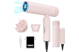 7MAGIC Travel Ionic Hair Dryer, Lightweight Foldable Blow Dryer with Diffuser for Curly Hair & Constant Temperature Care, Anti-Hair Suction Technology Hairdryers for Women, Pink