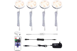 AIBOO LED Lámpara debajo de la Gabinete con Control Remoto Inalámbrico RF, Iluminación Redonda Luz Armario, 4 Luces Led para Escaparate 12V 8W (Blanco Caliente 2700K)
