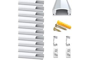 Chesbung Profilé Aluminium LED - 10x0.5mètre Aluminium Profilé u-forme pour Bandes à LED, Compact Finition Professionnelle avec Blanc Laiteux Couvercle,Embouts,Clips de Montage en Métal,Embouts Jaunes
