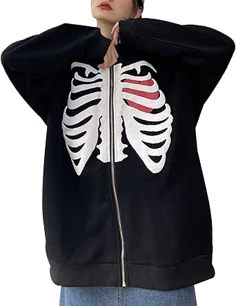 Donne Oversize Felpe con cappuccio Halloween Manica Lunga Full Zip Felpe  Cuore Scheletro Stampa Sciolto Con Cappuccio Top, Nero , S : Amazon.it:  Abbigliamento