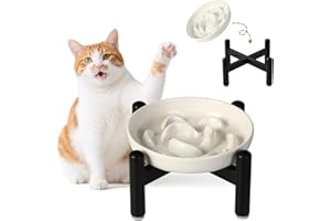 PTOBER Gamelle Anti Glouton Chat Surélevée - Gamelle Céramique avec Support en Acier Inoxydable Antidérapant - Bol Chat à Motif Labyrinthe pour Alimentation Lente - Blanc Ivoire
