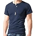 AIYINO Men's Cotton Short Sleeve T Shirts Casual V Neck Slim Fit Henley Shirt Summer Tops (Size XL, Navy)